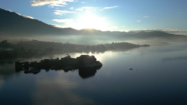Panoramic View of Ancient Monastery Ruins on Bafa Lake Island at Dawn. High quality 4k footage