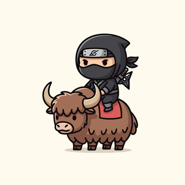 A cute cartoon ninja, dressed in black, rides a large brown beast with horns and fur. The ninja has a weapon on its back. The background is cream-colored