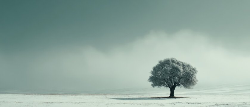 Lone frosted tree standing in a vast snowy landscape under a muted, foggy winter sky.
