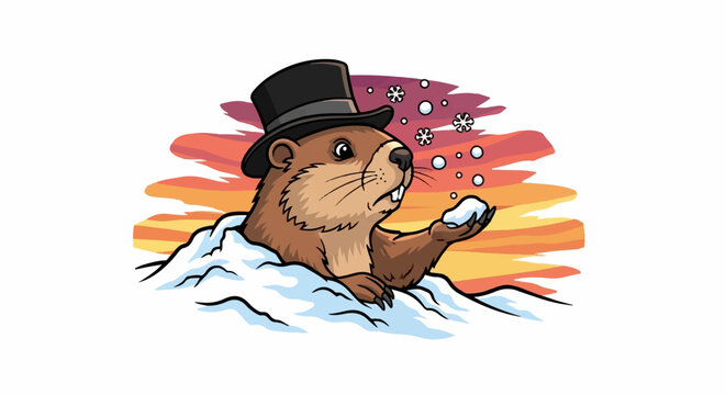 Whimsical groundhog in top hat emerging from snow, tossing snowball