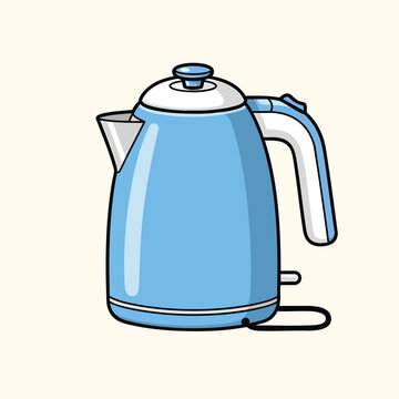 A cartoon-style illustration shows a light blue electric kettle with a white handle, lid, and spout against an off-white background