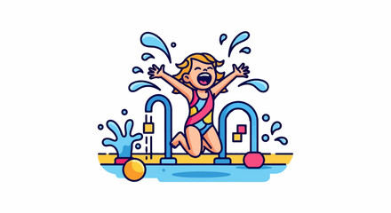 Obraz premium Joyful child in swimsuit jumping through water jets and splashing
