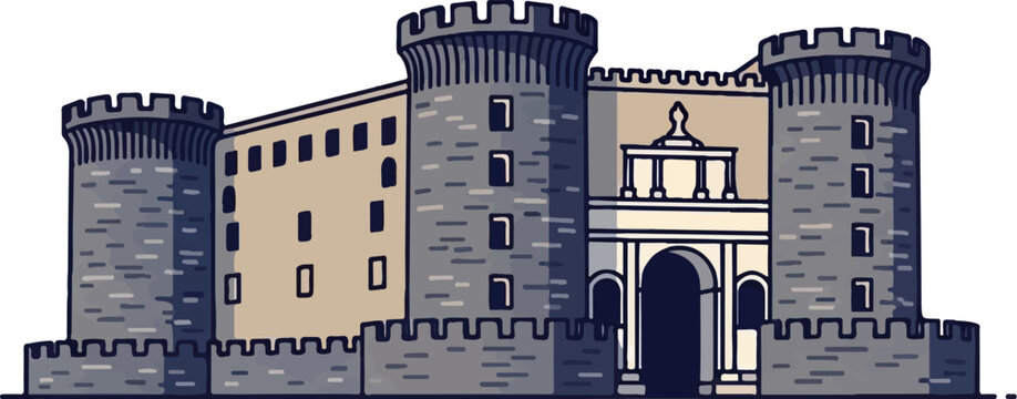 Imposing stone fortress with crenellated walls and arched entrance