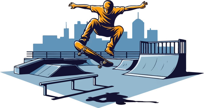 Skateboarder mid-air over a skatepark with city skyline in background