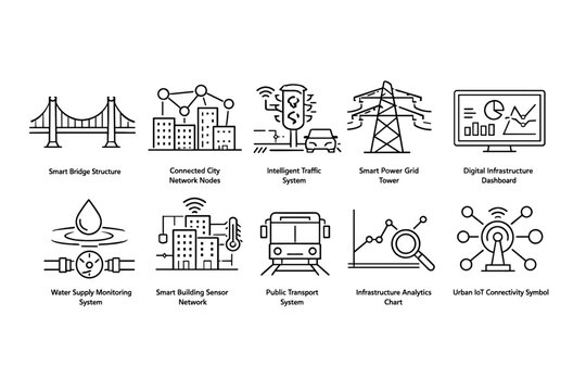 Smart city infrastructure line icons showing connected networks, intelligent traffic, power grid, digital dashboards, water monitoring, sensors, and transit