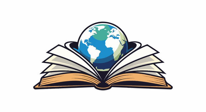 Open book with Earth emerging from pages