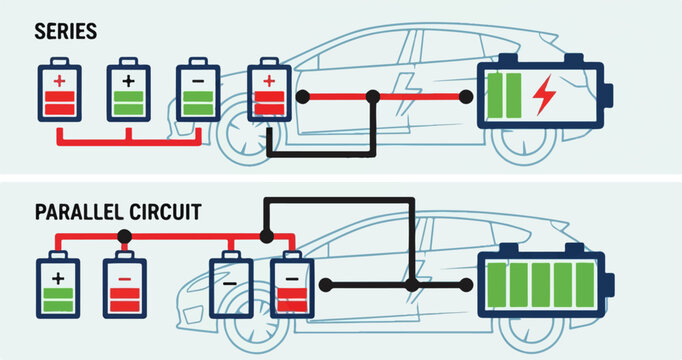 Electrical circuits of batteries for cars, series and parallel