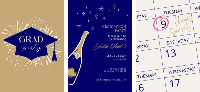 Class of 2026 elegant blue and gold graduation party celebration vertical invitations 