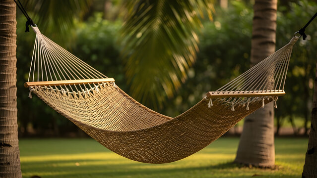 Empty woven hammock hanging between palm trees in a tropical garden