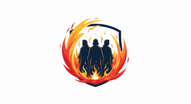 Three dark figures stand in a shield surrounded by bright orange and yellow flames