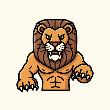 A cartoon-style illustration of an angry lion with muscular arms and exposed chest, extending its paws forward in a fierce pose