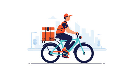 Fototapeta premium delivery courier riding electric bike carrying package in urban street, eco friendly last mile delivery and e-commerce logistics concept in modern vector style