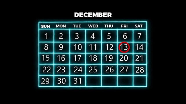 The calendar 13th day of the month is red circled,,Calendar interface with highlighted dates and event icons, looped animation.
