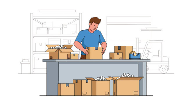 Flat style vector illustration of warehouse worker packing boxes at shipping station, e-commerce order processing and logistics fulfillment workflow in clean modern style