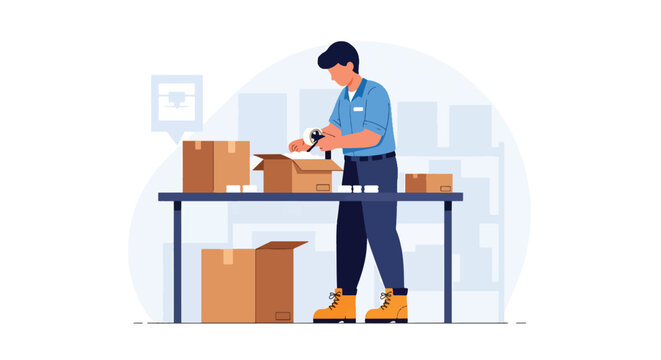 Flat style vector illustration of warehouse worker packing boxes at shipping station, e-commerce order processing and logistics fulfillment workflow in clean modern style