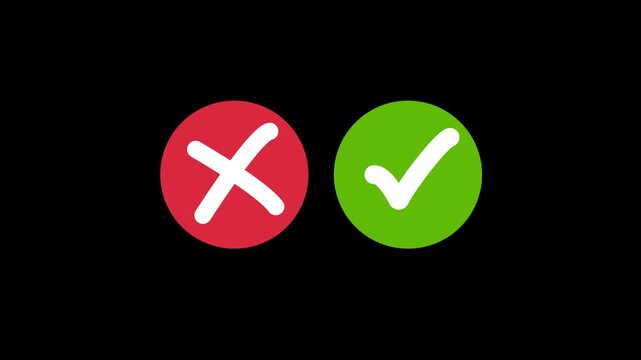 Animated pop-up green check mark and red cross X symbol on a transparent background. A checkmark in and out motion graphics animation.