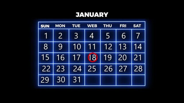 The calendar 18th day of the month is red circled,,Calendar interface with highlighted dates and event icons, looped animation.
