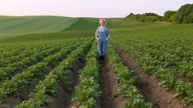 A young woman wearing overalls and a straw hat stands in a vast potato field, surveying the rows of crops under a soft sky