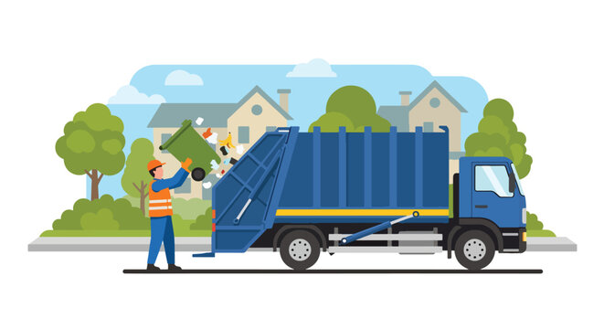 Flat style vector illustration of garbage collector lifting trash bin into truck on suburban street, sanitation service and waste management concept in clean modern style
