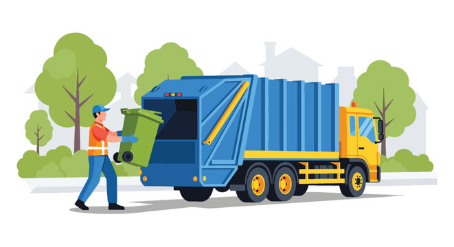 Flat style vector illustration of garbage collector lifting trash bin into truck on suburban street, sanitation service and waste management concept in clean modern style