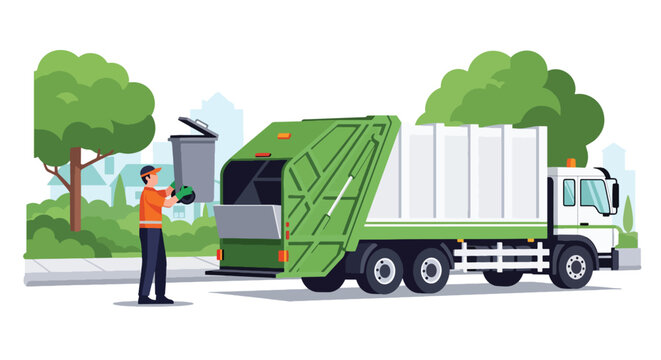Flat style vector illustration of garbage collector lifting trash bin into truck on suburban street, sanitation service and waste management concept in clean modern style