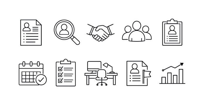Minimal line icons set for human resources and business management, featuring resume, search, handshake, team, calendar, checklist, workspace, profile, and analytics