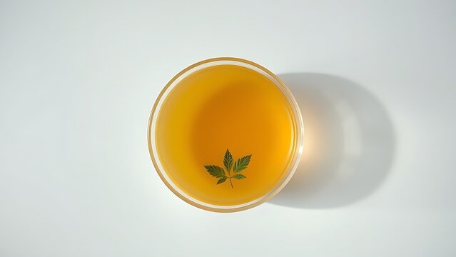 probity. A single bowl of golden consomme with a delicate herb leaf, minimalist and pure. menu design, packaging mockups, designed for food delivery and cloud-kitchen brand materials.