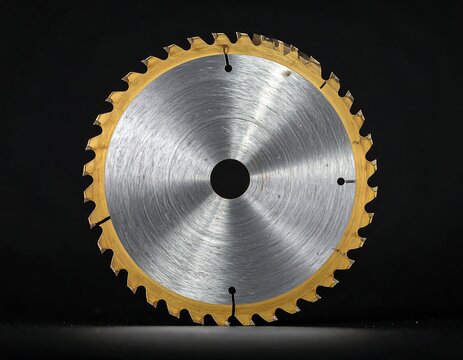 A circular saw blade with a silver center and gold teeth (1)