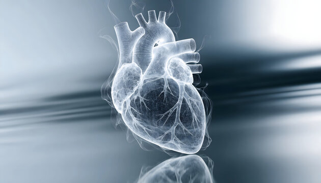 An abstract X-ray image of a human heart glows