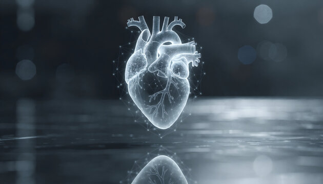 An abstract X-ray image of a human heart glows