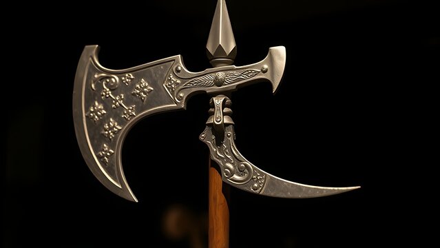 polearm. A medieval halberd with axe blade and spear point, displayed in museum lighting. event programs, museum guides, designed for cultural heritage projects and event programs.