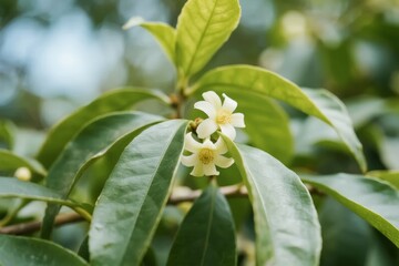 Obraz premium Close-up of white flowers blooming on a green leafy plant in a natural setting