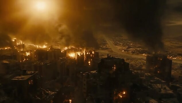Apocalyptic cityscape engulfed in flames and smoke under a foreboding sky
