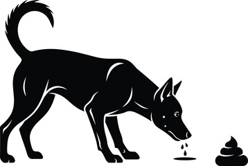 Fototapeta premium Dog silhouette illustration, humorous figure sniffing ground with feces pile, curious animal behavior theme, vector art, black isolated bold design for wildlife and pet concepts