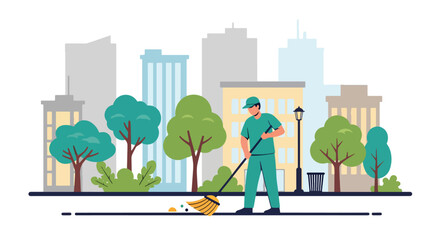 Flat style vector illustration of street cleaner sweeping sidewalk in urban city environment, public maintenance and sanitation service concept in clean minimal style © Amie