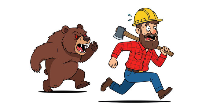 Scared Lumberjack Running From Angry Bear