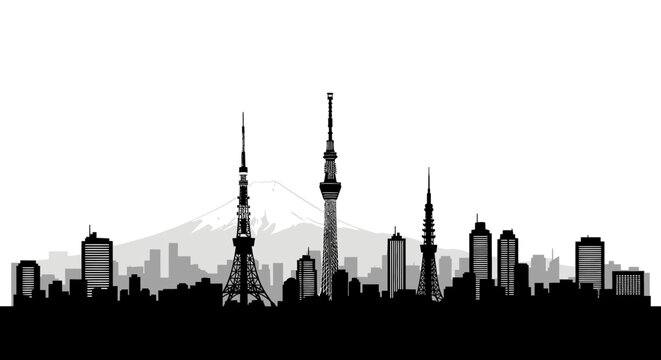 Tokyo skyline silhouette with Mt. Fuji and iconic towers, Japan city landmark