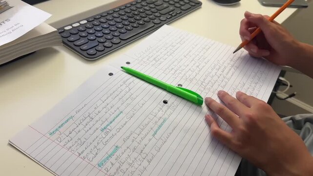 Middle School boy doing homework writing out vocabulary words for English Language Arts class.