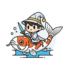 A cute cartoon wizard, wearing a pointy hat and robe, rides a colorful koi fish, holding a sword. Bubbles float in the background