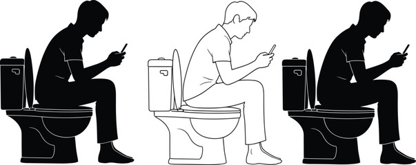 Toilet silhouette illustration collection, seated figures using smartphones in side view with visible tanks and upright seats, modern lifestyle humor theme, vector art, black isolated bold design © Mehedi