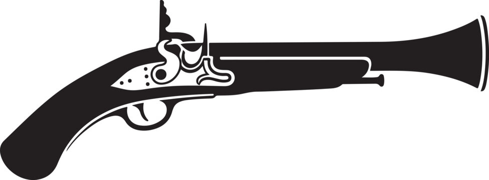 Vintage pistol, antique firearm, black and white illustration, historical weapon, vector graphic