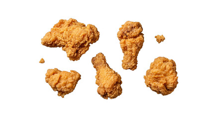 Delicious assortment of golden-brown crispy fried chicken pieces, including drumsticks and breasts. © Kayleigh