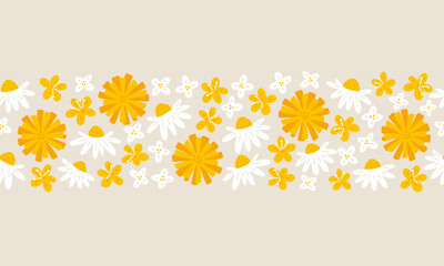 Yellow wildflowers seamless border. Delicate yellow hand drawn dandelion and chamomile flowers vector print. Botanical spring nature motifs. Seasonal floral blossom background. © Veronica