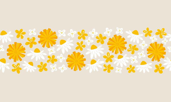 Yellow wildflowers seamless border. Delicate yellow hand drawn dandelion and chamomile flowers vector print. Botanical spring nature motifs. Seasonal floral blossom background.