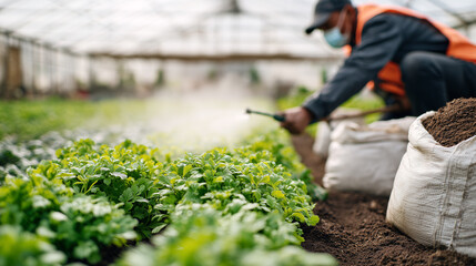 Obraz premium Worker in mask and orange vest spraying organic biopesticide on fresh green plants in greenhouse with soil bag nearby, sustainable farming and organic agriculture concept.