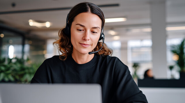 Professional woman wearing headset working on laptop in bright modern office, assisting client with calm focused expression. Customer support, call center service quality, blurred green background.