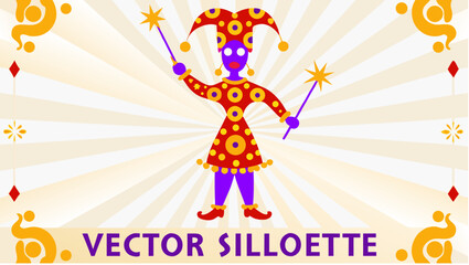 Fototapeta premium Jester puppet performs with colorful wands vector silhouette illustration for design and decoration with playfulness and entertainment