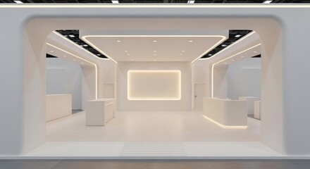 Fototapeta premium Modern minimalist white interior design of an empty exhibition booth or showroom with illuminated details.