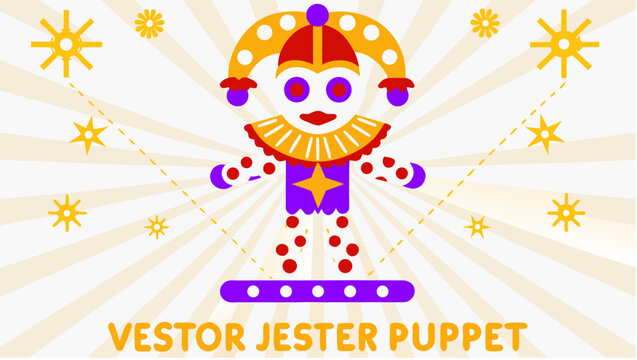 Colorful jester puppet silhouette with sunburst background and festive hat vector illustration for design