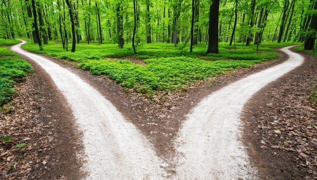 Path splitting two ways in a green forest, crossroads concept